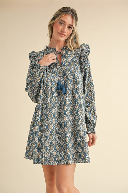 Dusty Blue Ruffle Trim Pattern Dress