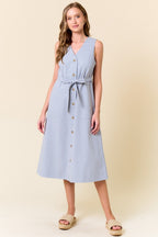 Blue Cotton Button Down Midi Dress