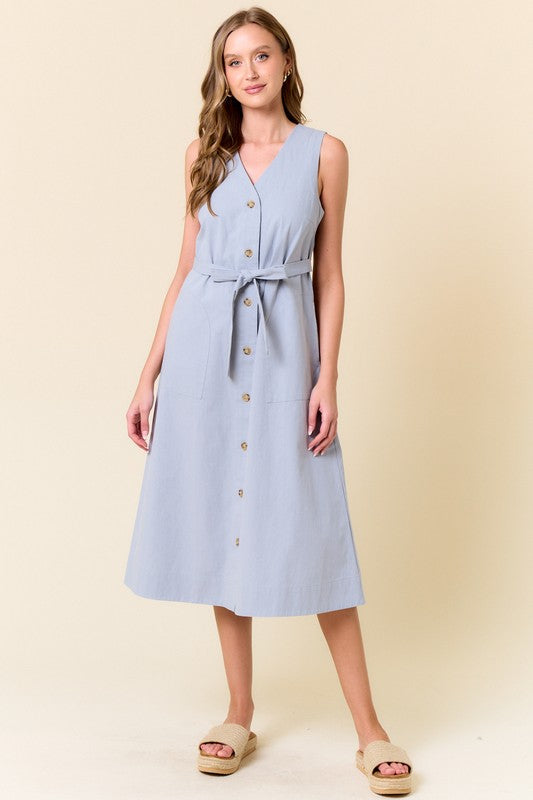 Blue Cotton Button Down Midi Dress