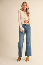 Cream Ruffle Hen Ribbed Knit Sweater Cardigan