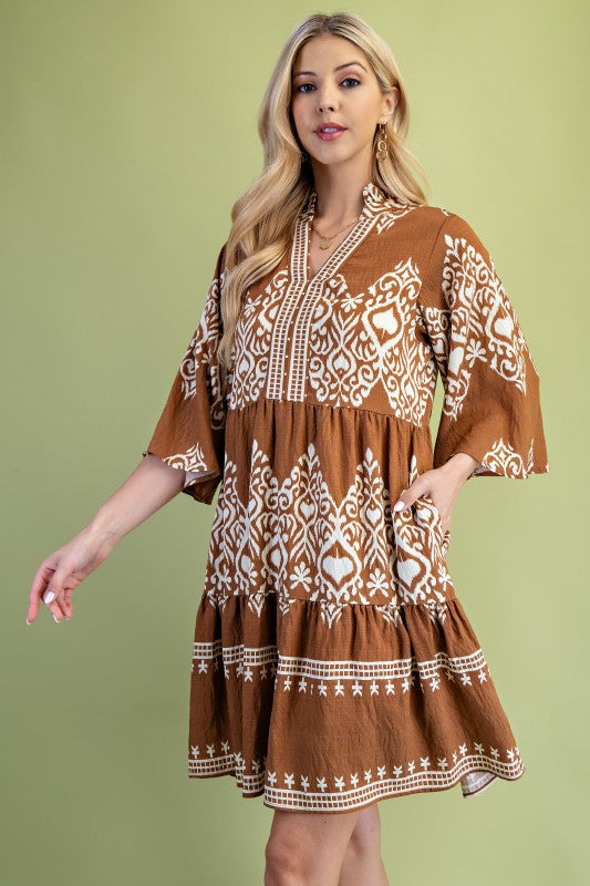 Camel Printed Tiered Dress