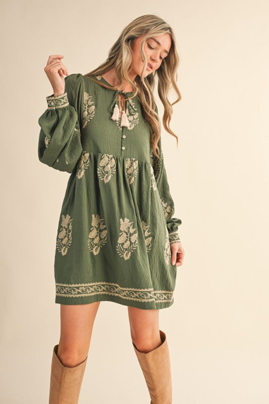 Olive Embroidered Puff Sleeve Dress