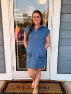 Textured Knit Quarter Zip Dress Dusty Blue