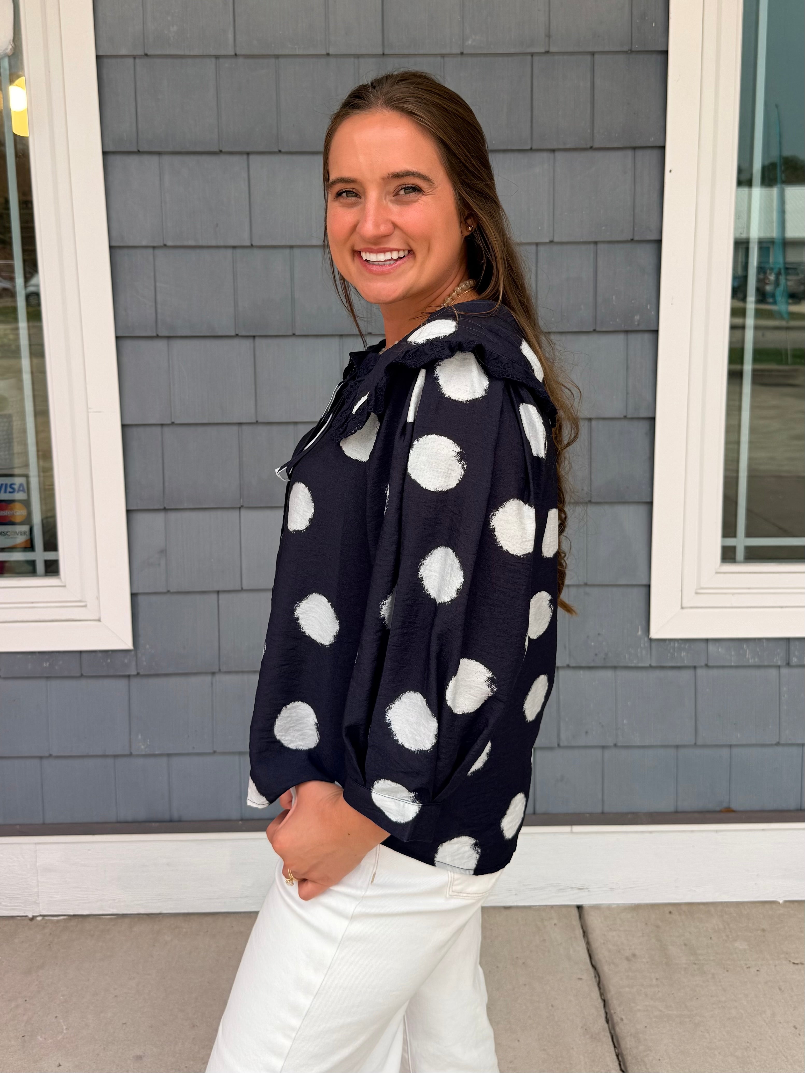 Navy Collared Polka Dot Top