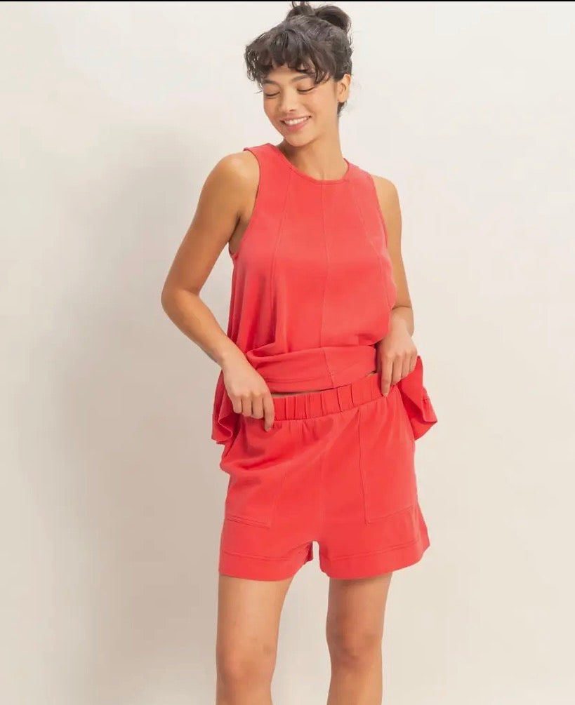 Sleeveless Round Neck Top & Shorts Set- Red
