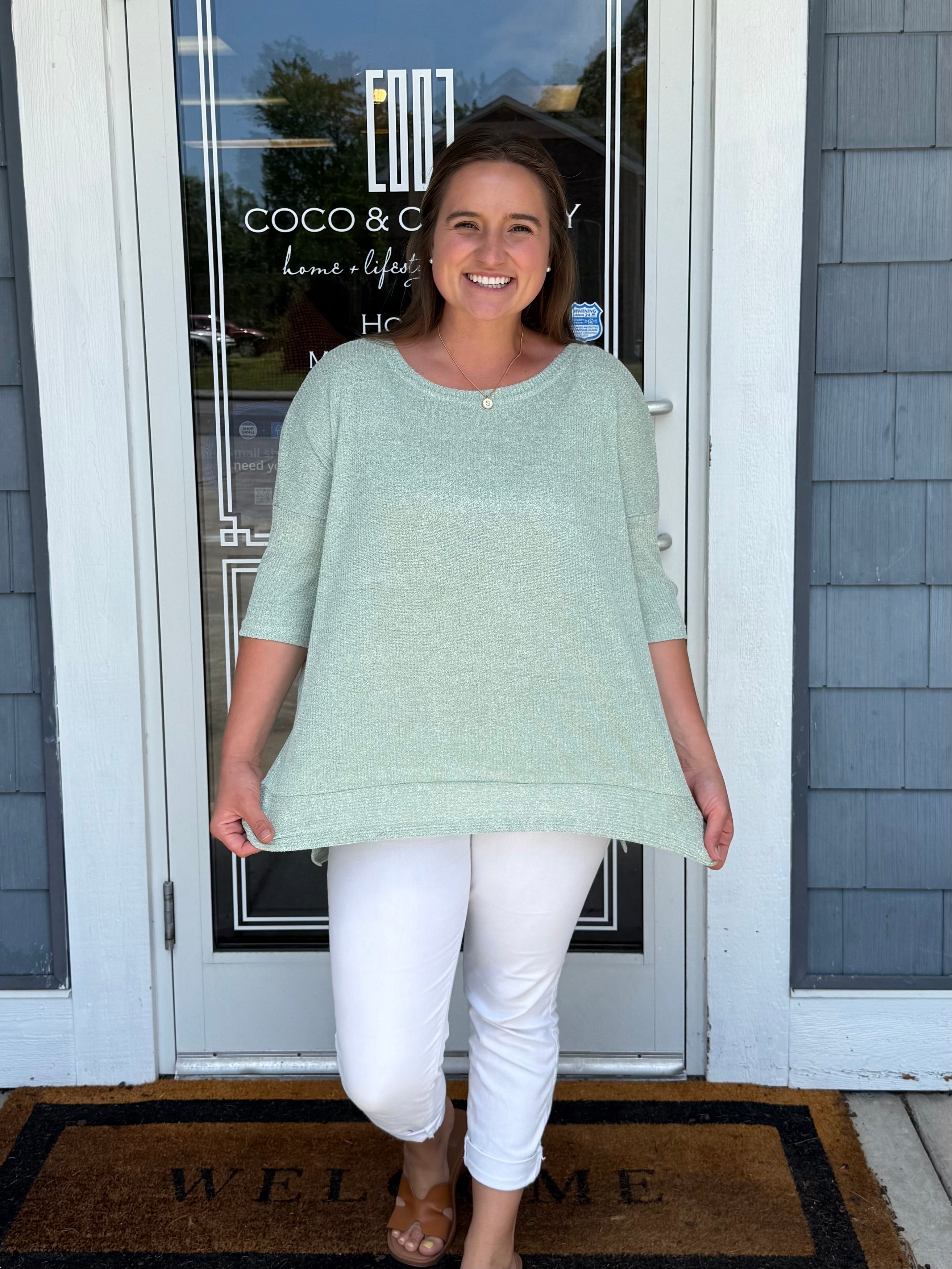 Light Sage Boatneck Ribbed Knit Top