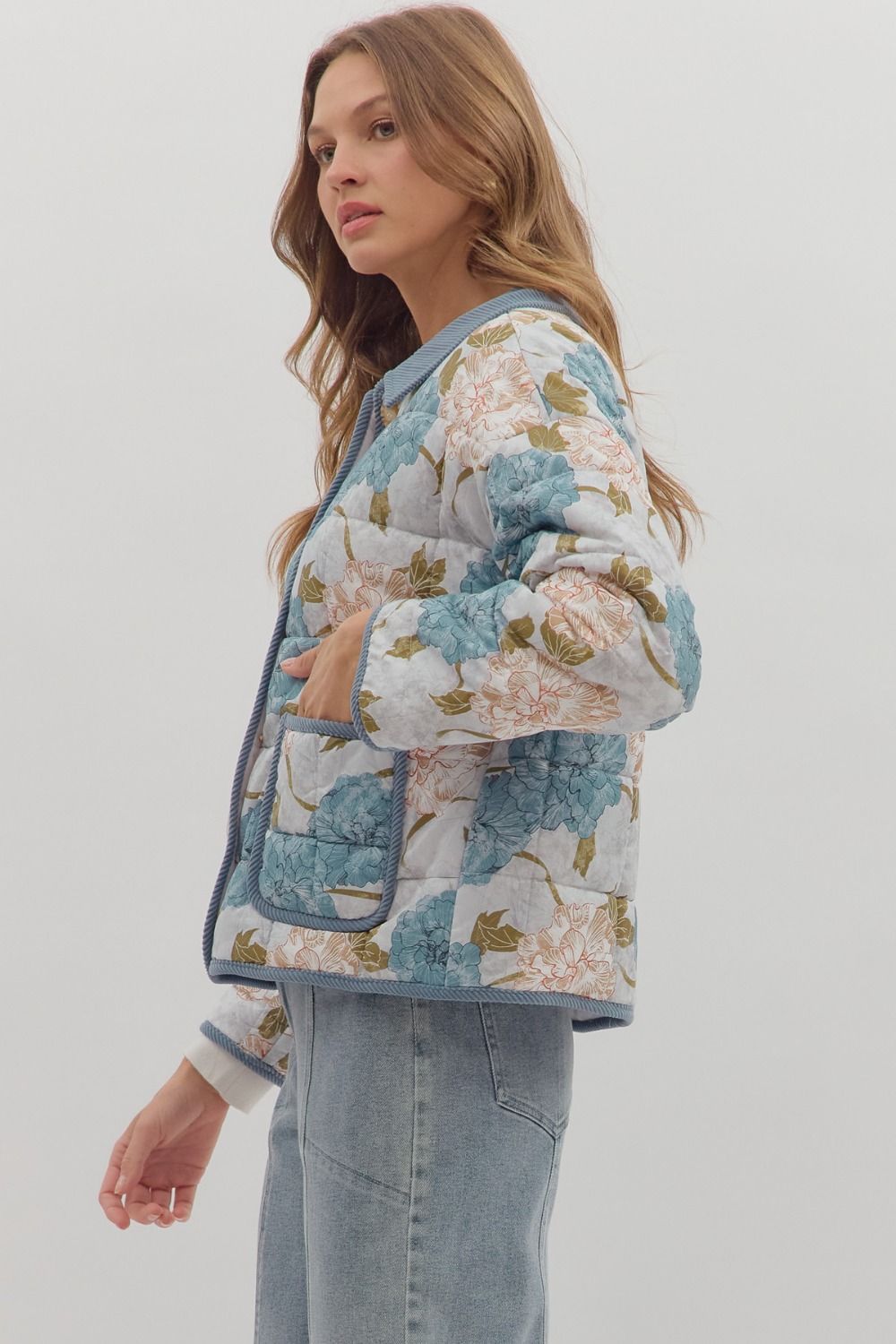 Blue Floral Quilted Jacket SHIPS OR PICKUP FROM COCO 11/6/25