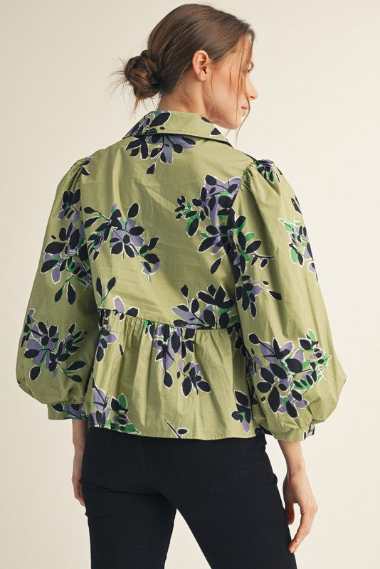 Olive Floral Peplum Top