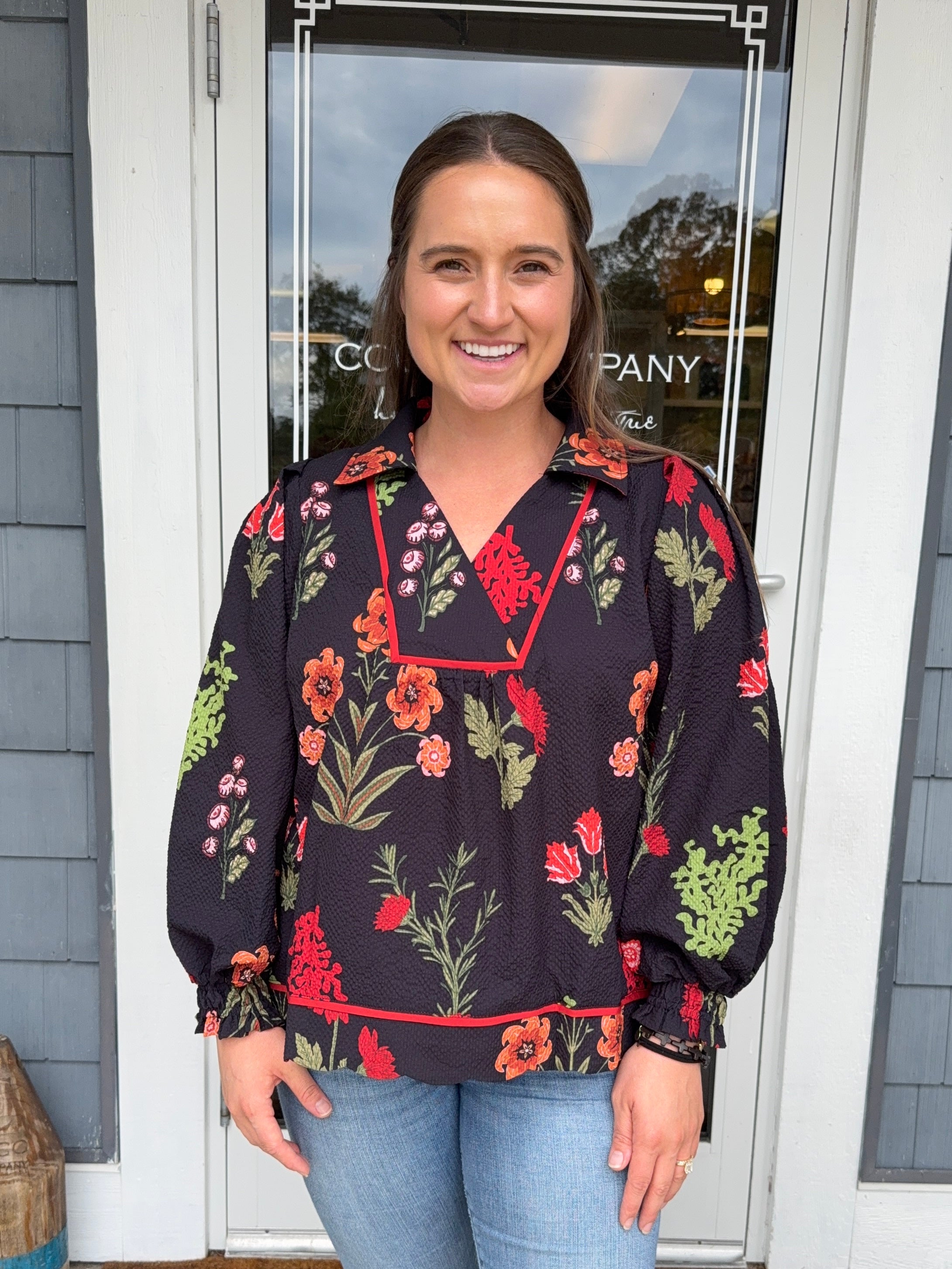 Black Floral Print Textured Fabric Collared Top