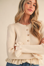 Cream Ruffle Hen Ribbed Knit Sweater Cardigan