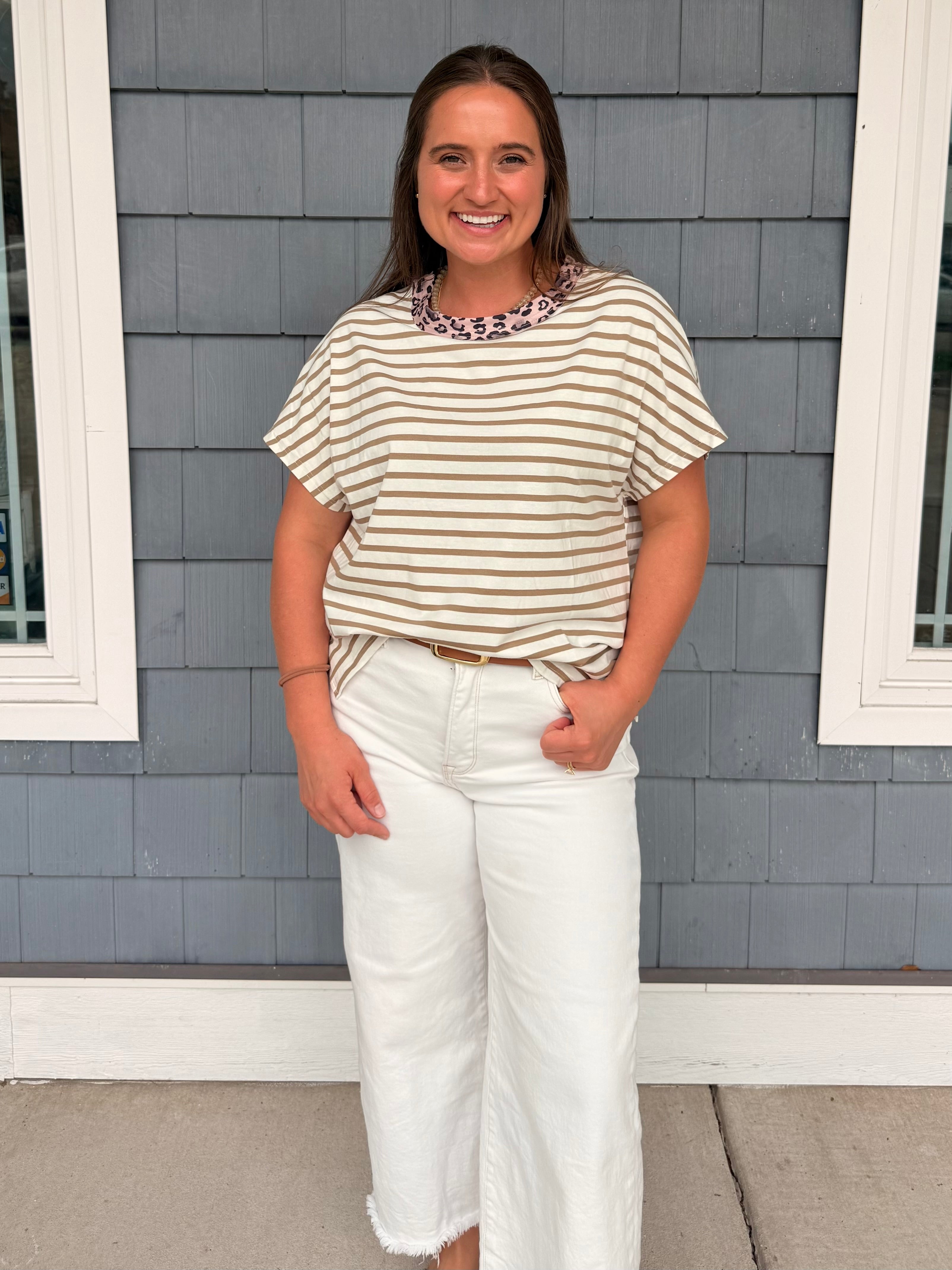 Striped Leopard collar Basic Top