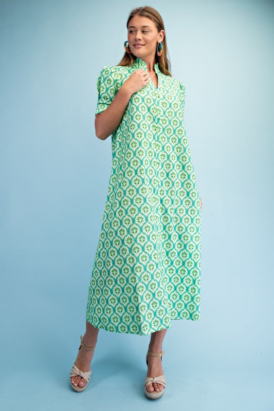 Green Printed Button Down Midi Dress
