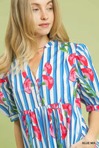 Blue Stripe Floral Midi Dress