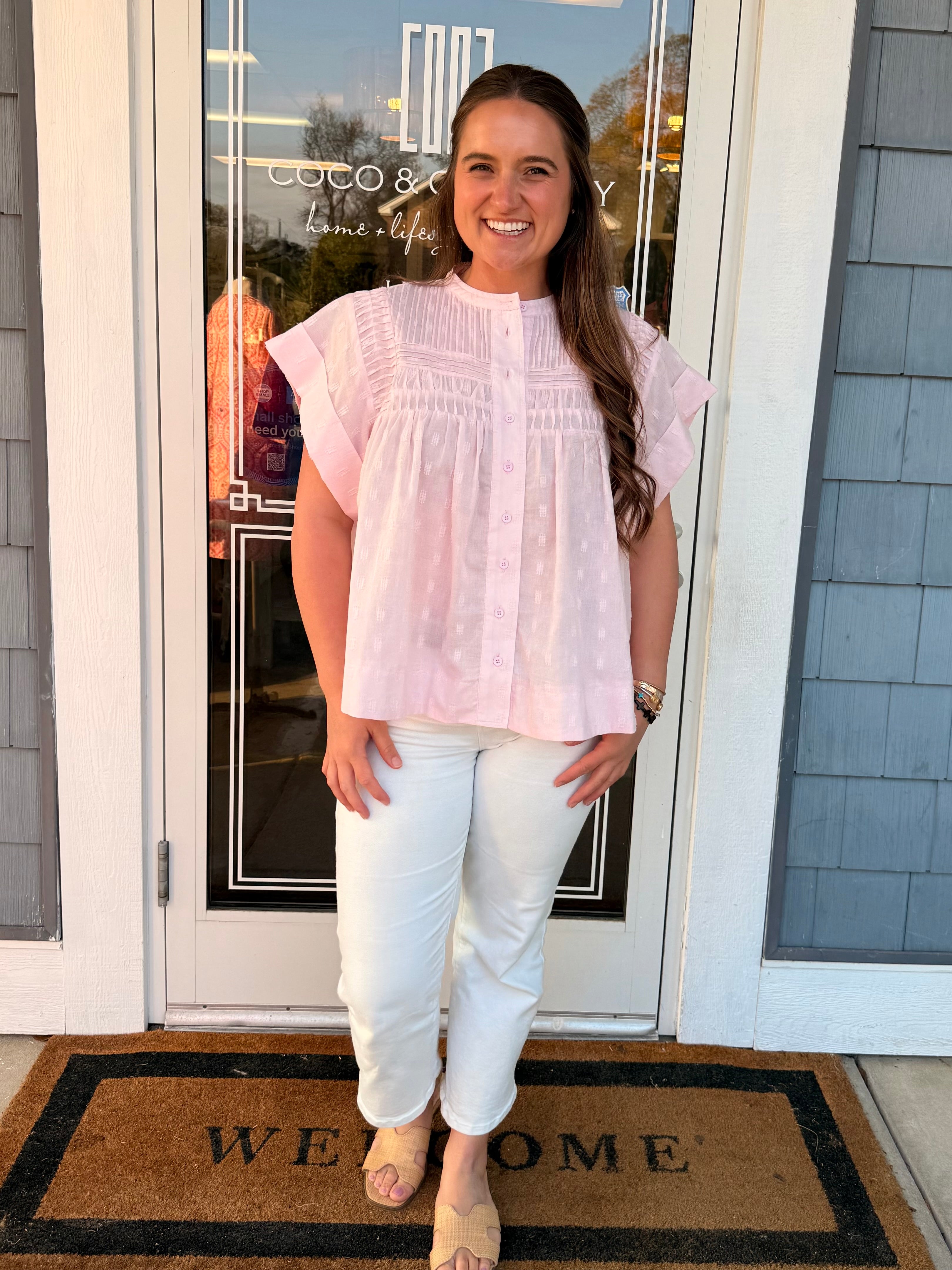Baby Pink Ruffle Button Up Top