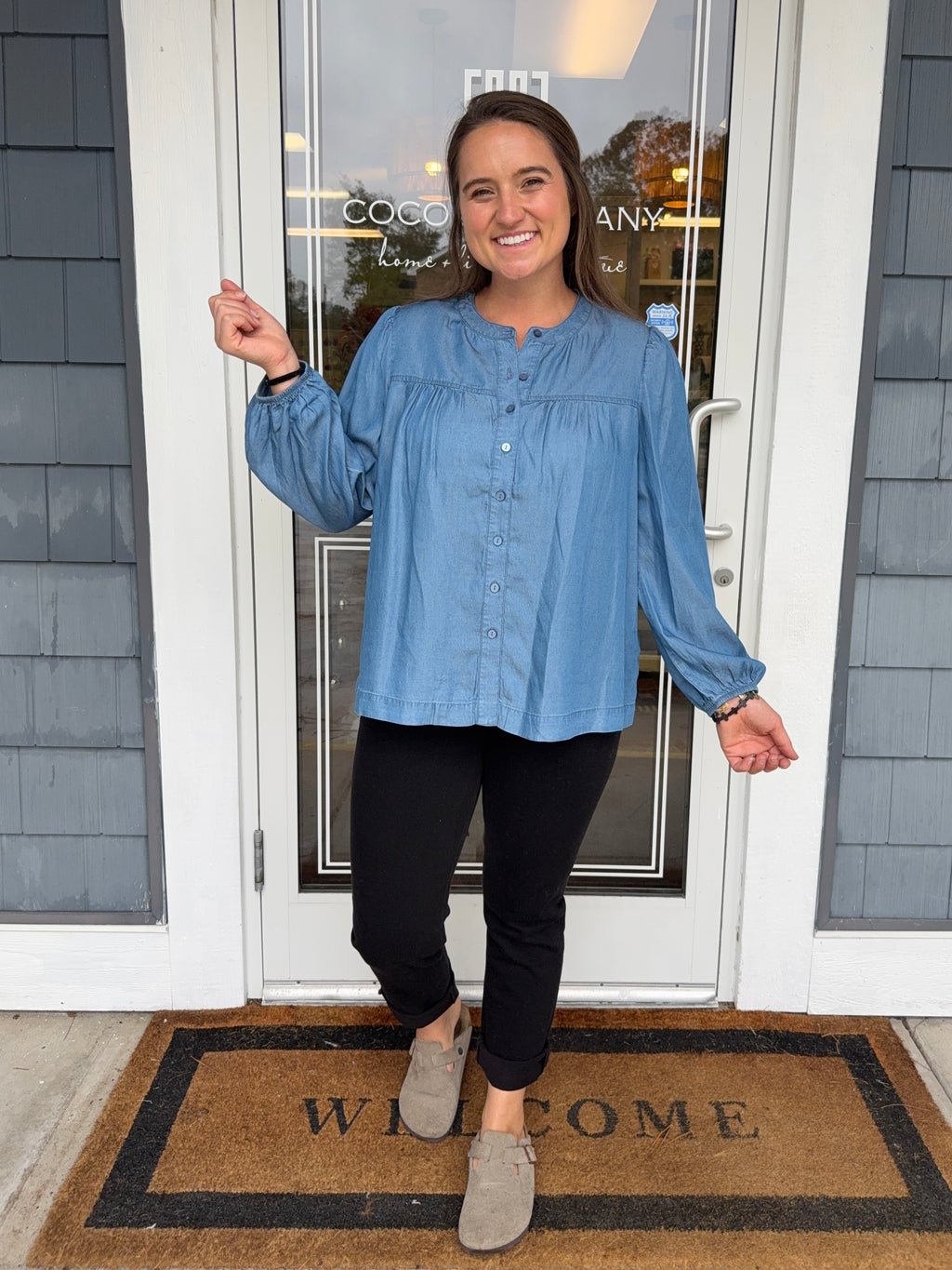 Denim Tencel Button Front Peasant Top