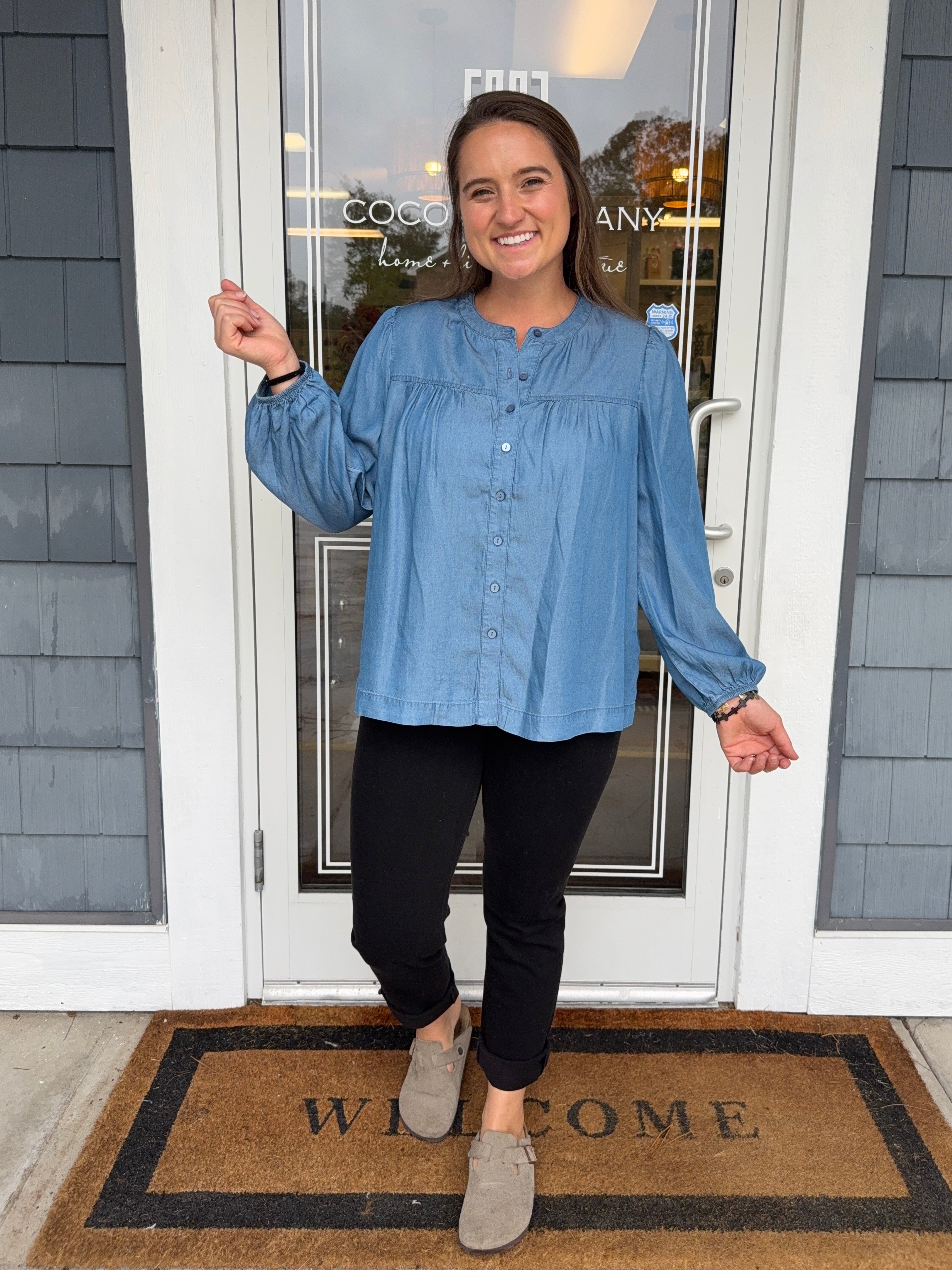 Denim Tencel Button Front Peasant Top