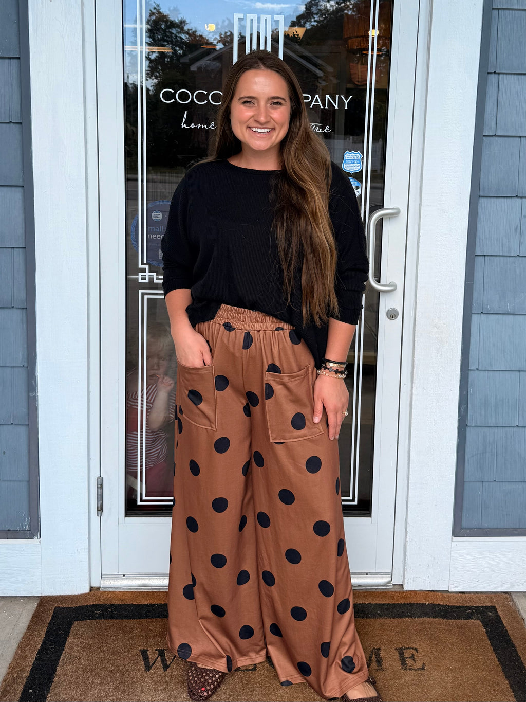 Brown & Black Polka Dot Elastic Wide Leg Pants