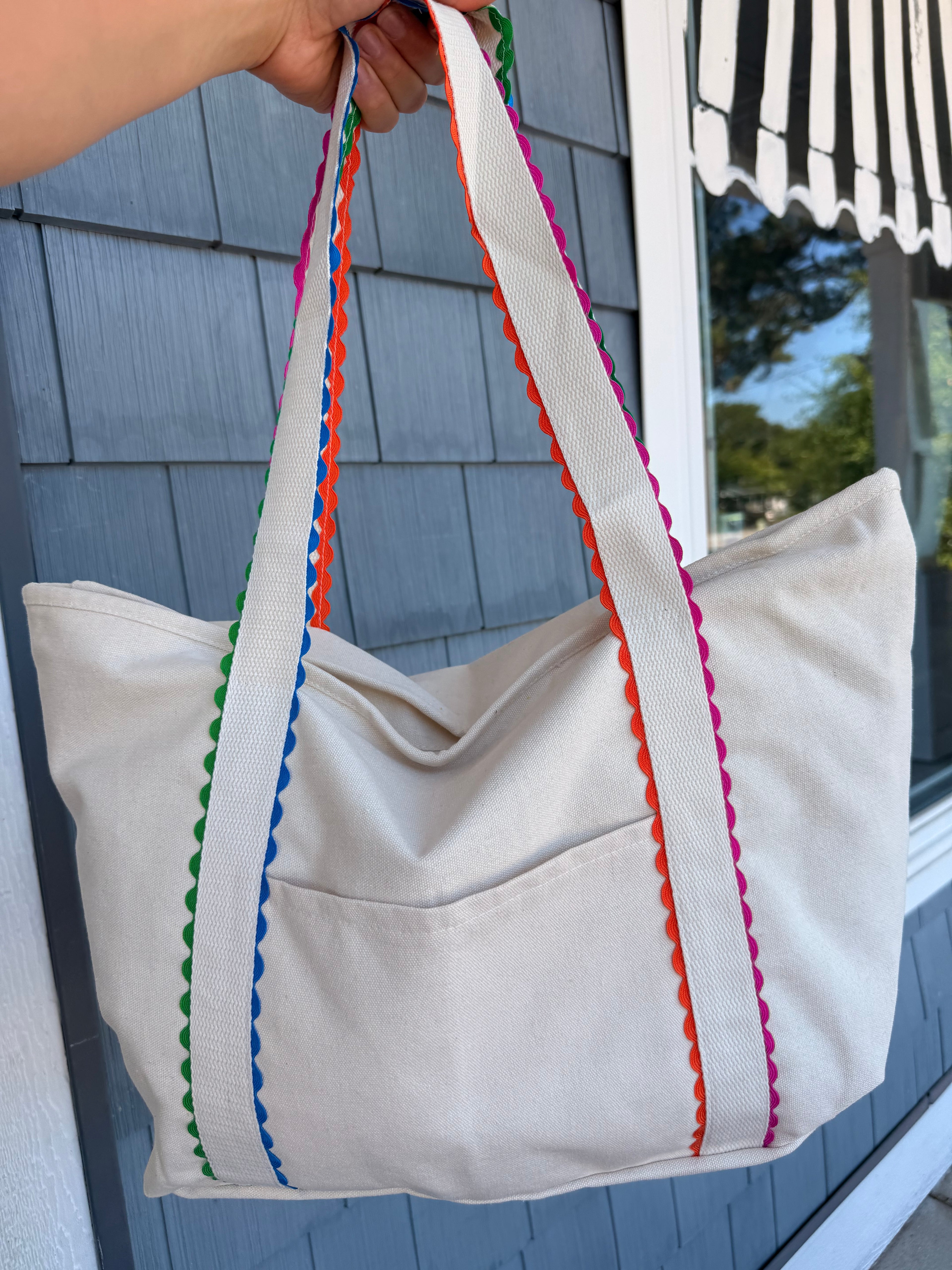 Khaki Canvas Bag With Colorful Ric Rack Trim