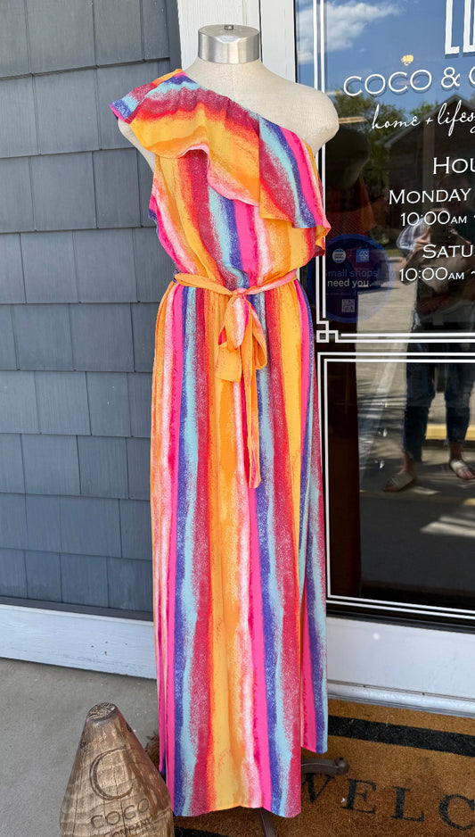 Striped Multicolor Maxi Dress One Shoulder