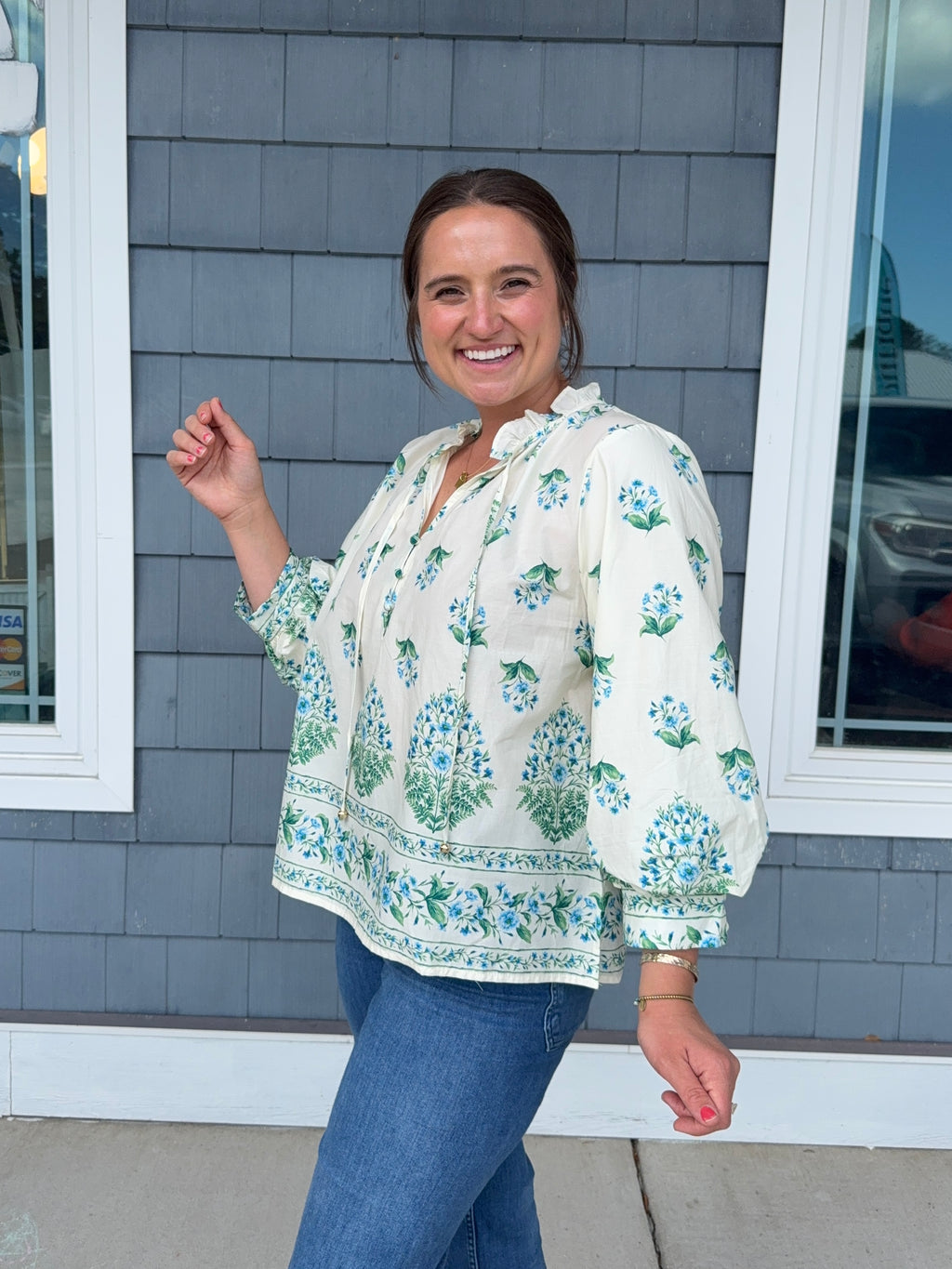 Botanical Blue Balloon Sleeve Top