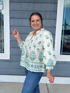 Botanical Blue Balloon Sleeve Top