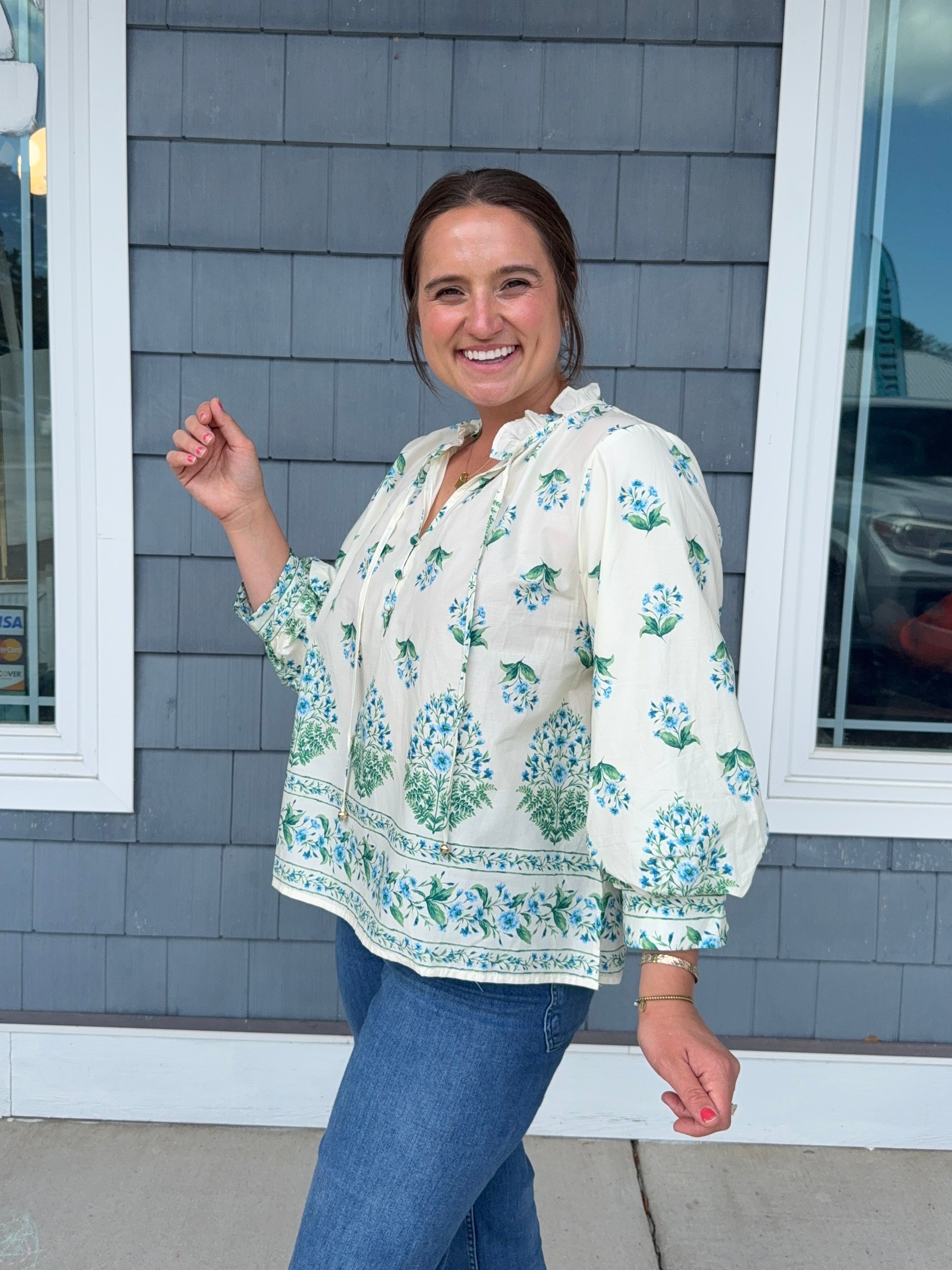 Botanical Blue Balloon Sleeve Top