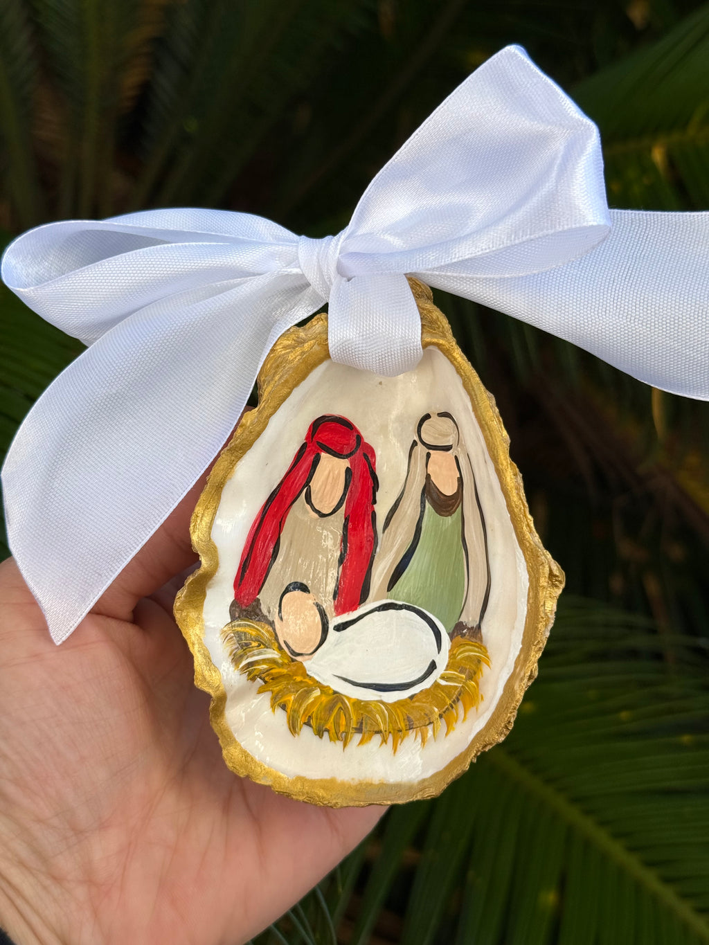 Handmade Red & Green Nativity Oyster Ornament