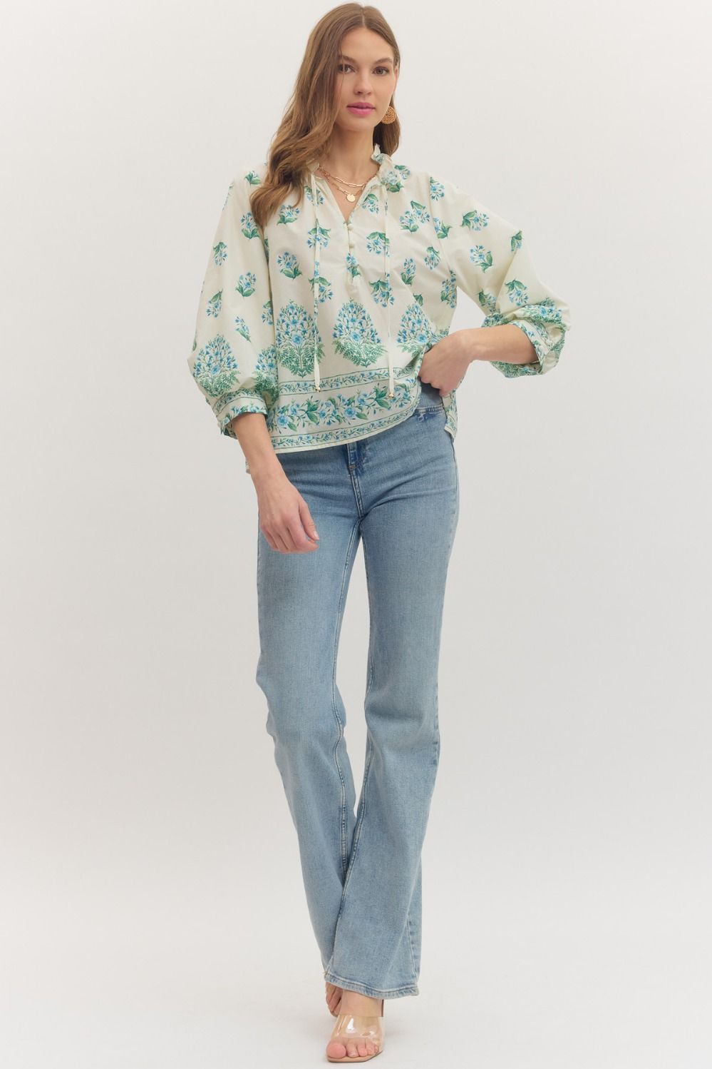 Botanical Blue Balloon Sleeve Top