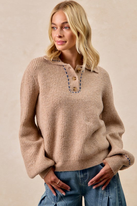 Mocha Solid Buttoned Navy Trim Sweater Top