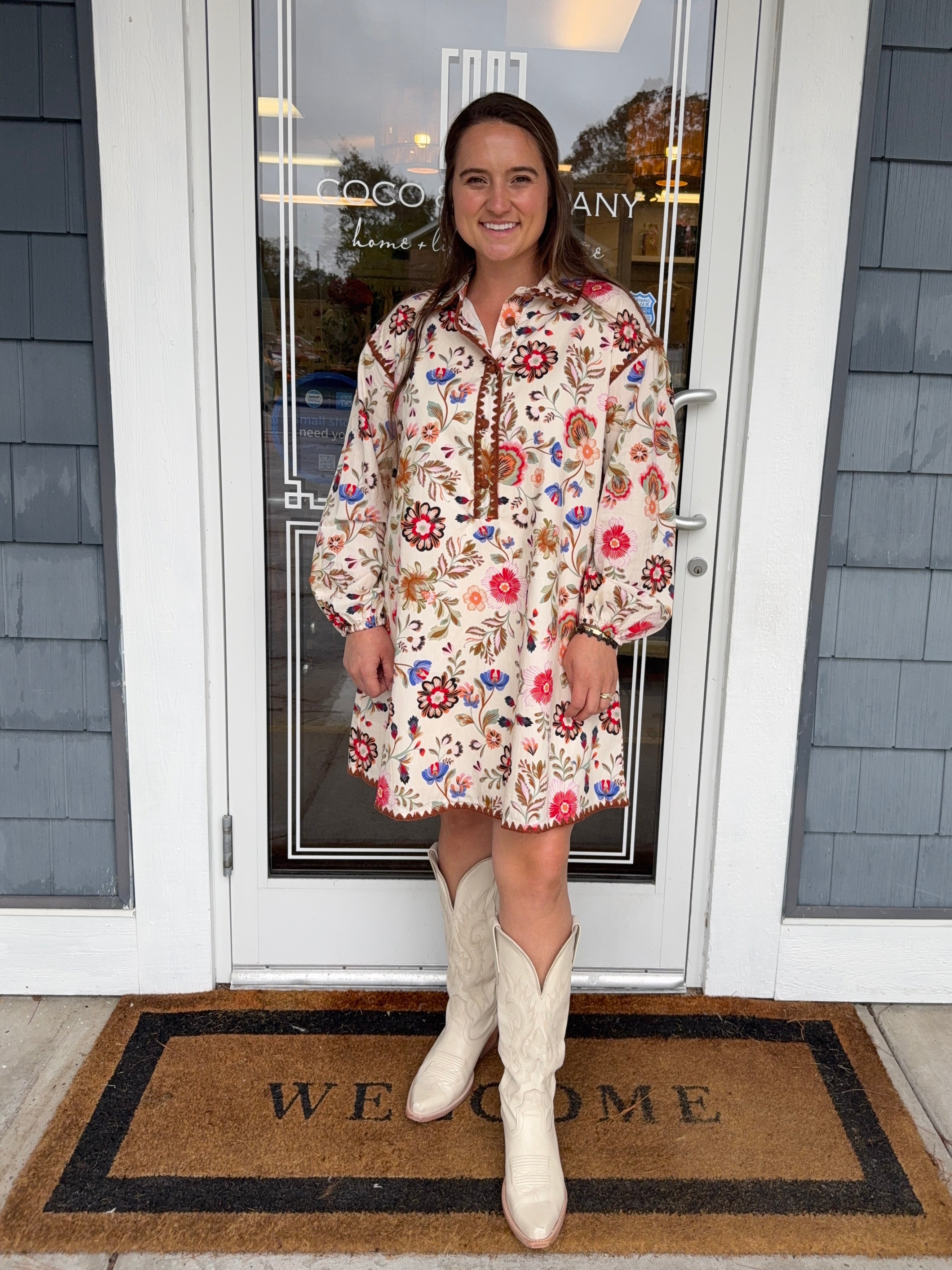 Floral Blanket Stitched Buttoned Dress