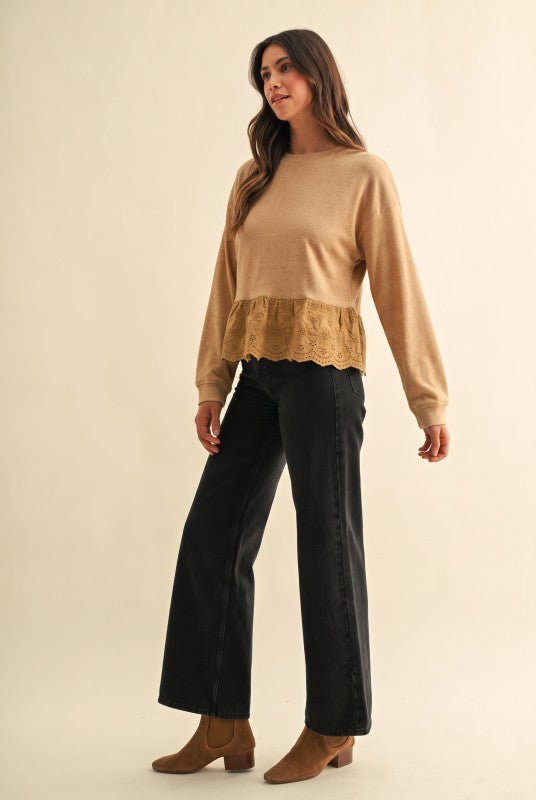 Taupe Eyelet Lace Hem Fleece Top