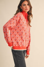 Red Orange Multi Floral Half Zip Mock Neck Pullover Sweater