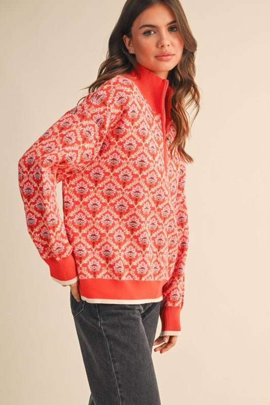 Red Orange Multi Floral Half Zip Mock Neck Pullover Sweater