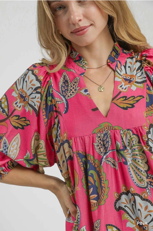 Abstract Pink Puff Sleeve Babydoll Dress