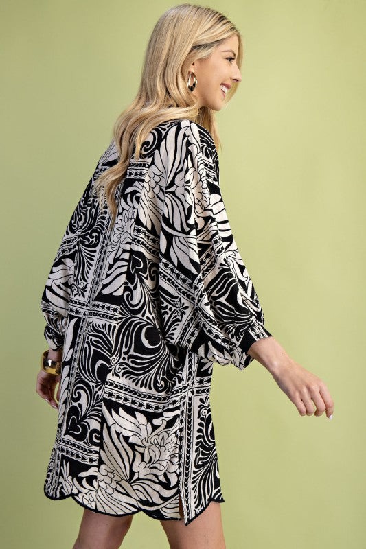 Black Marbled Bandana Dress W/ Scallop Detail