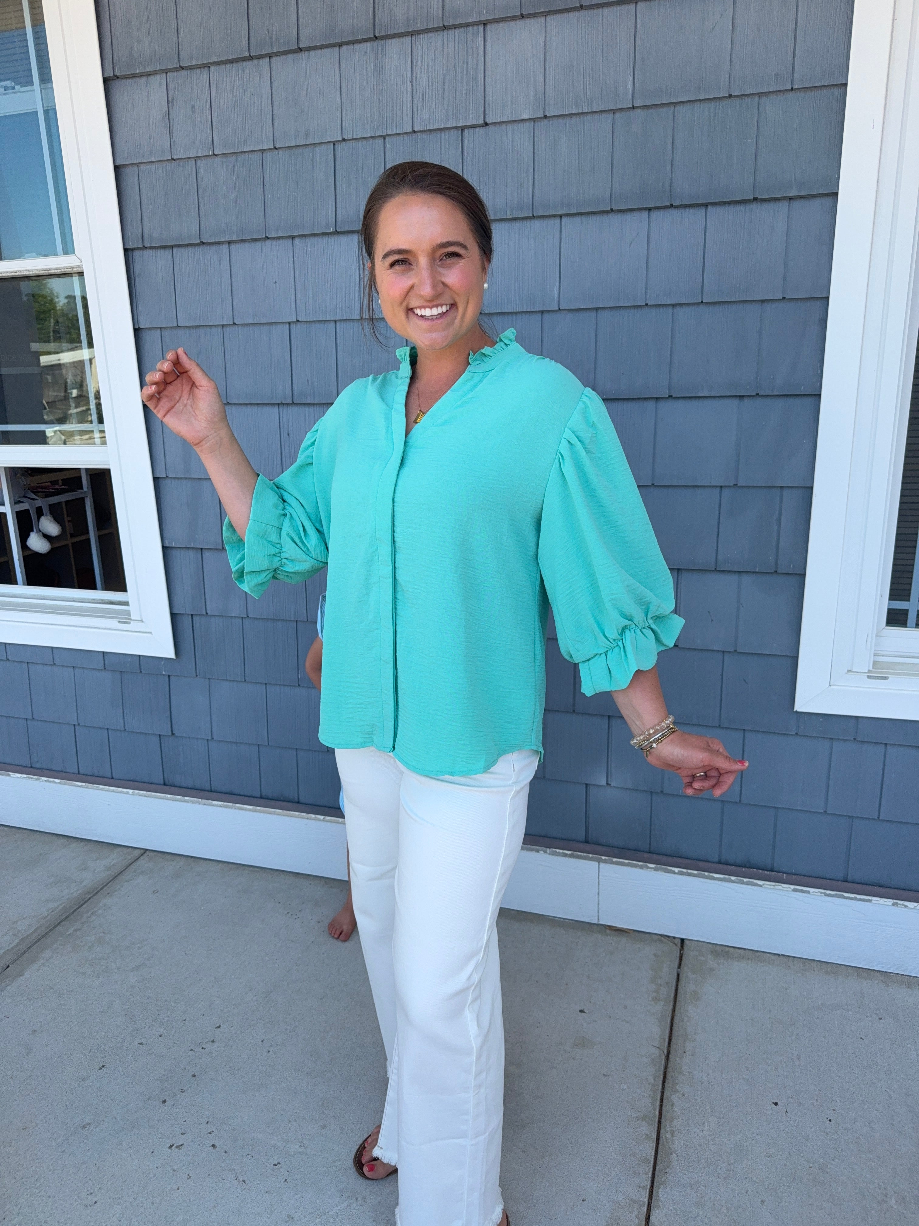 Emerald Balloon Sleeve Blouse