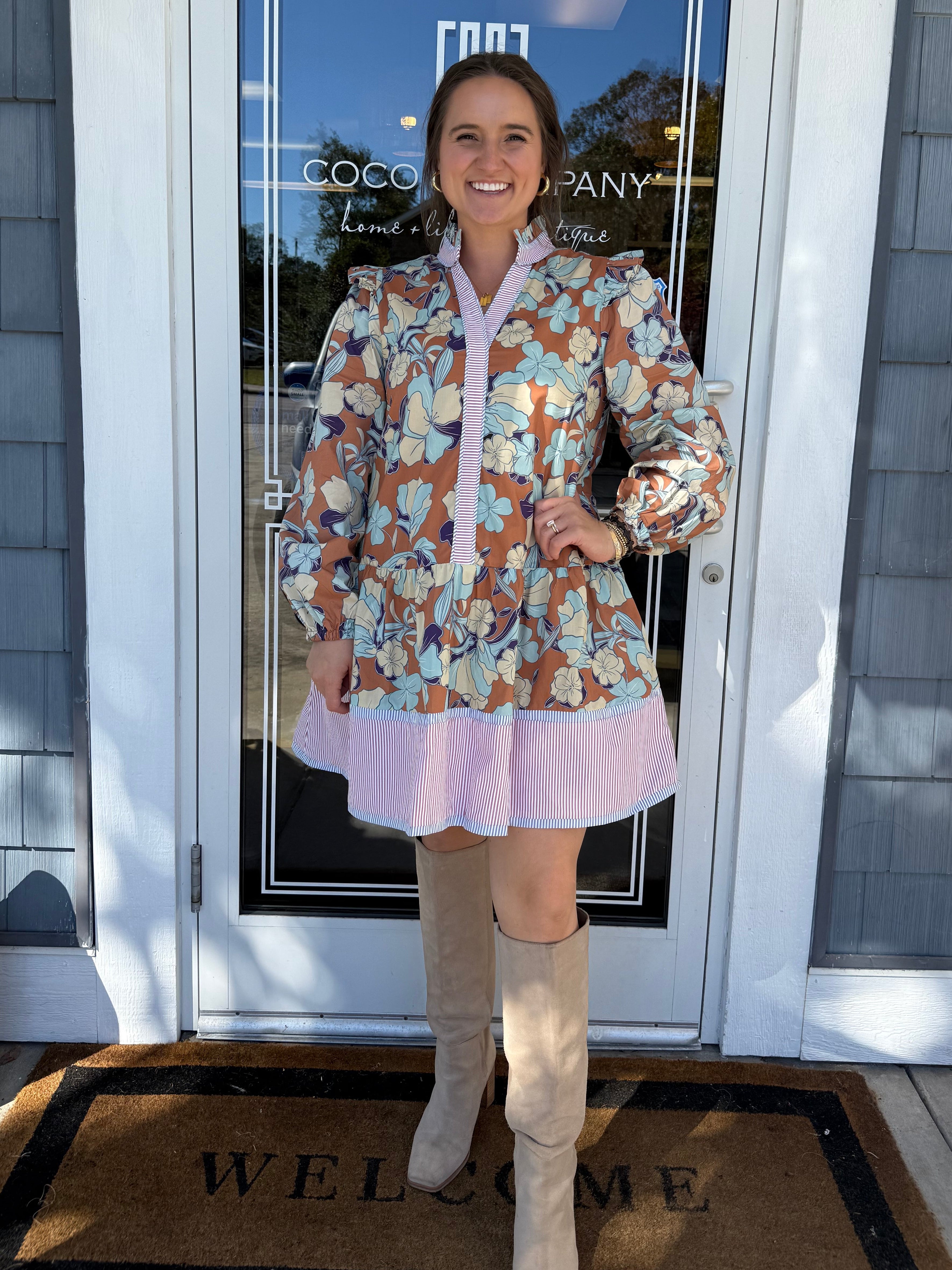 Caramel Ruffle Shoulder Floral Dress