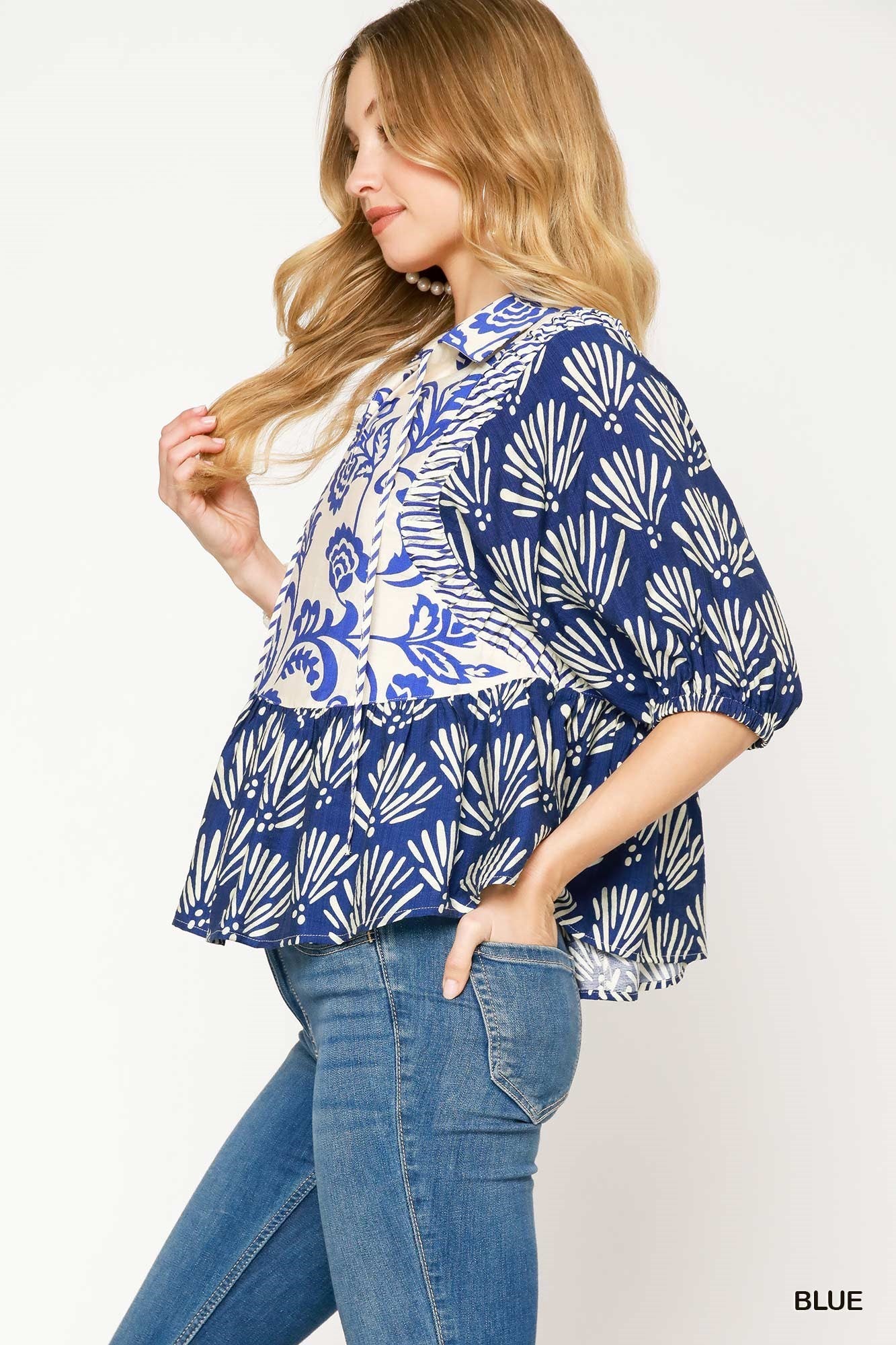 Blue Mixed Print SS Top