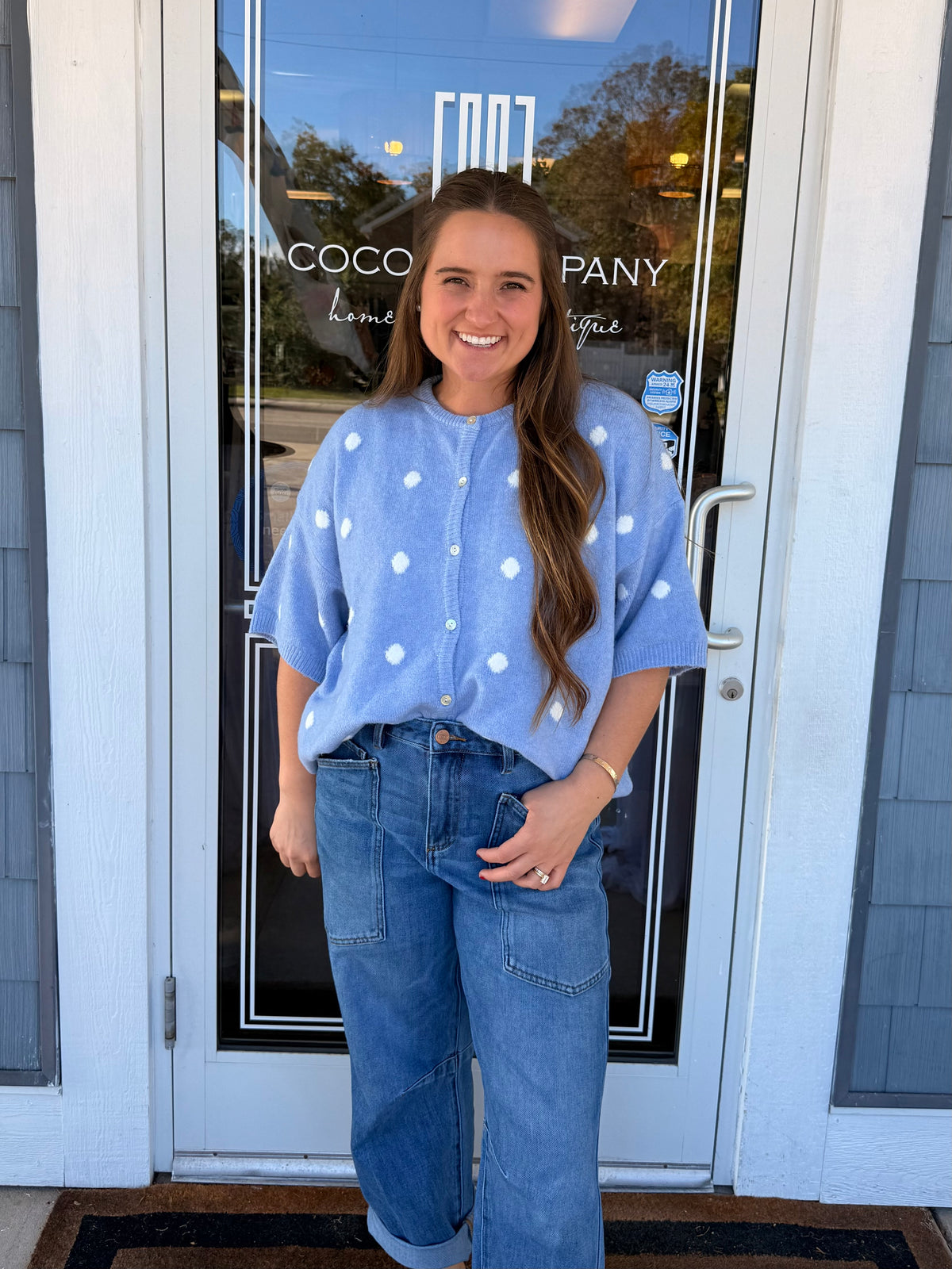 Blue Polka Dot Short Sleeve Crew Neck Knit Cardigan