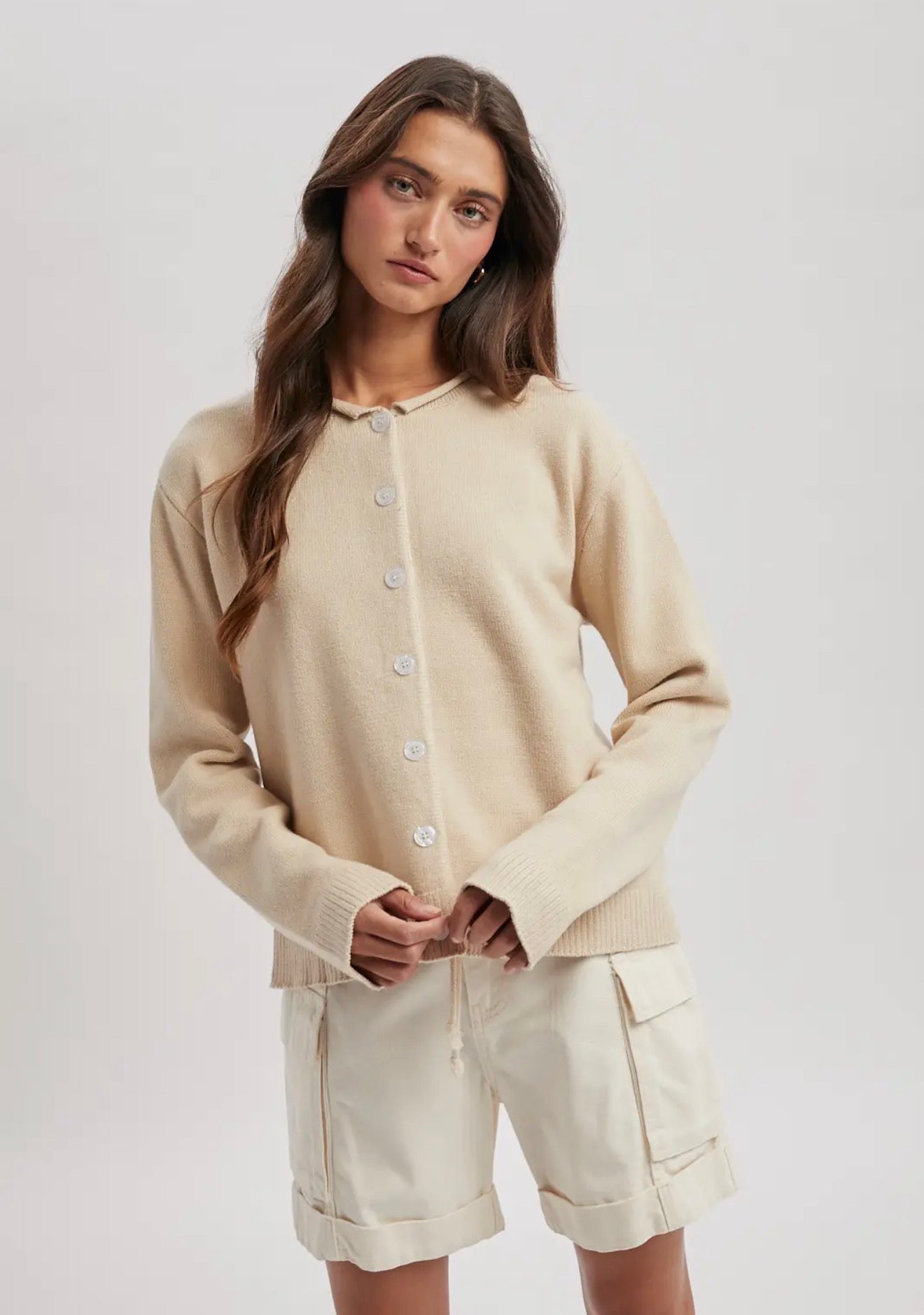 Natural Raw Edge Neckline Button-Up Cardigan