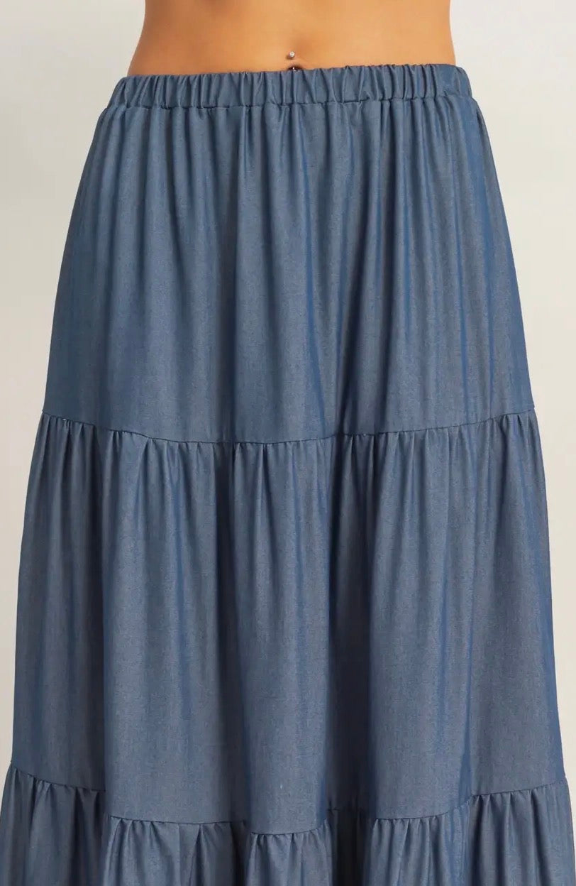 Denim 3-tier Elastic Waist Skirt