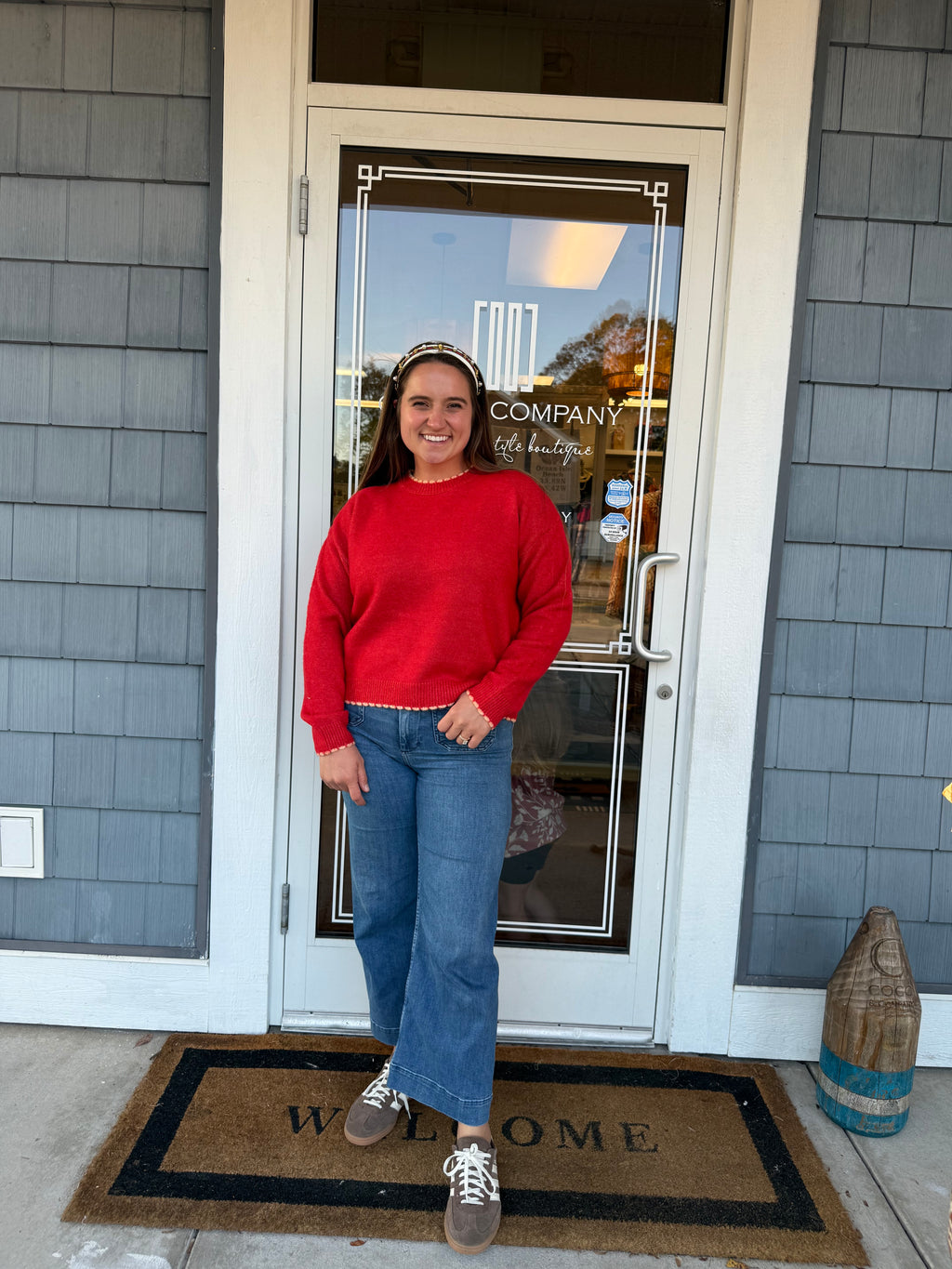 Red Knit Scalloped Edge Sweater