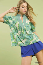 Green Floral Contrast Trim Blouse