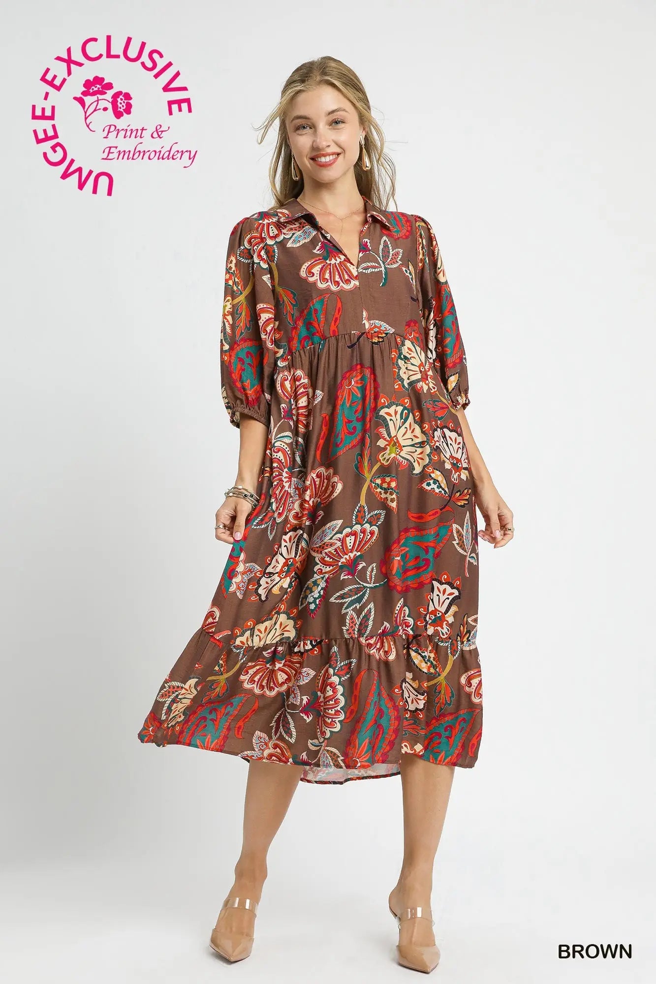 Brown Paisley Print Midi Dress