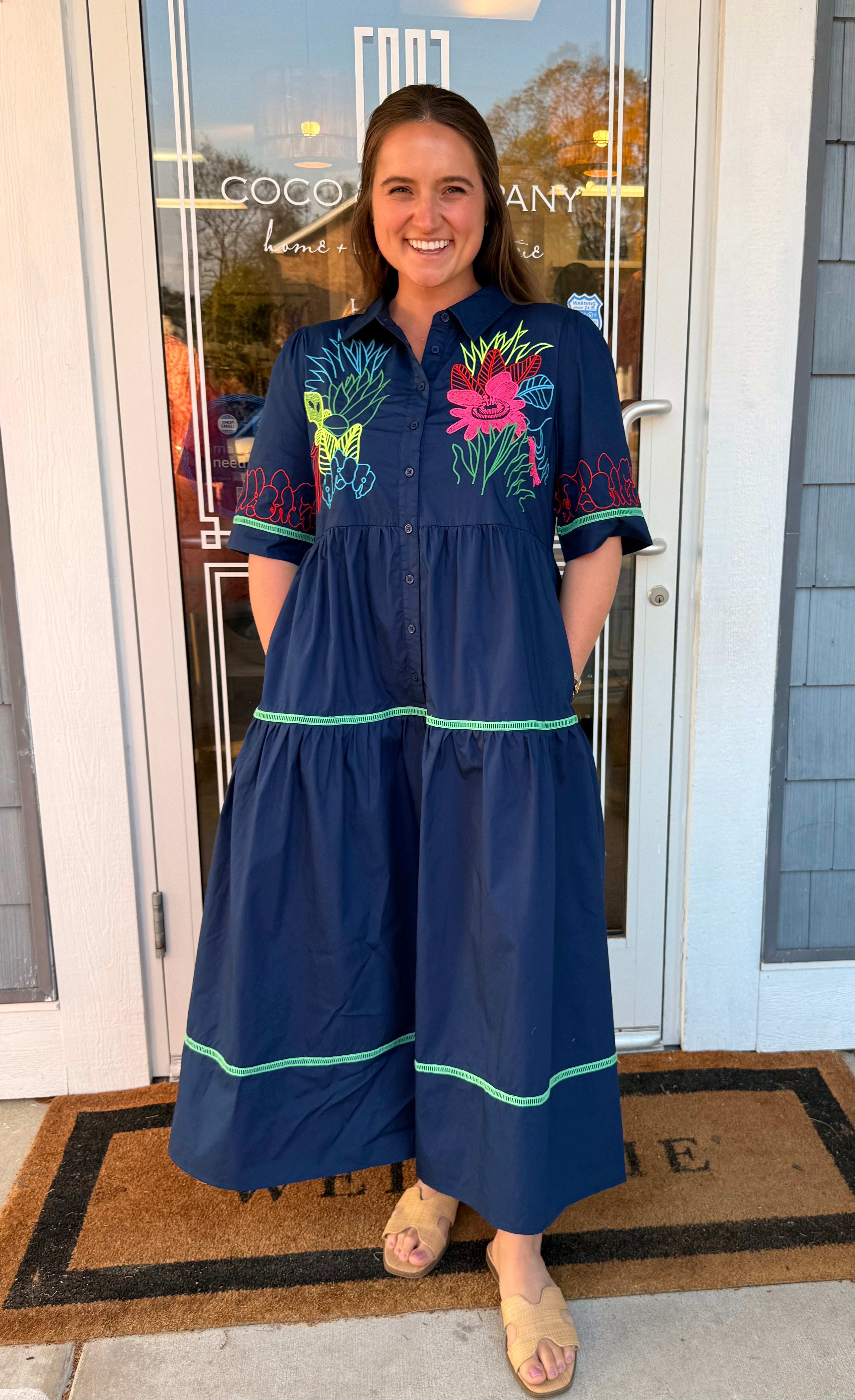 Navy Embroidered Button Down Midi Dress