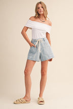 Mixed Stripe Light Denim Drawstring Shorts