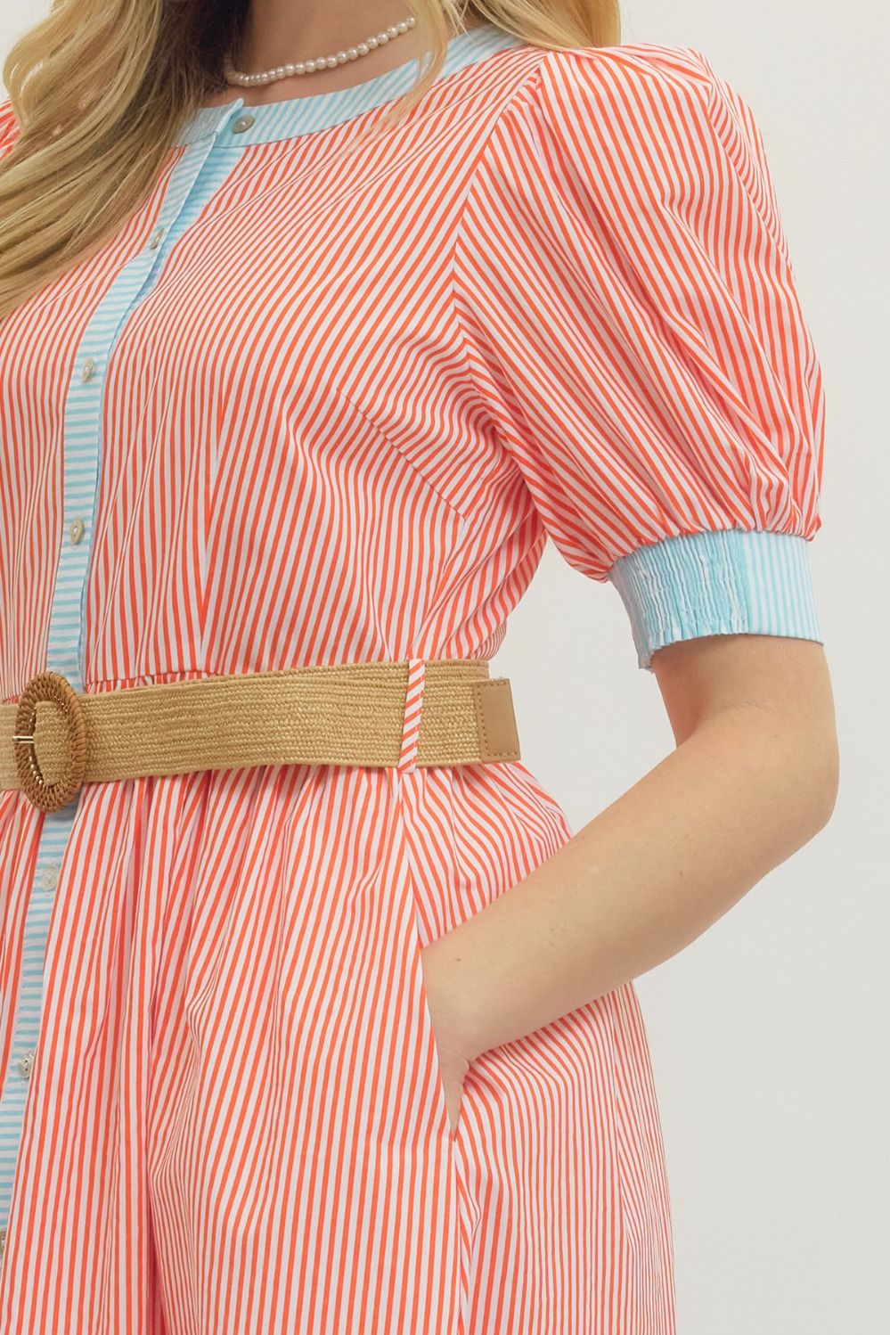 Orange & Blue Stripe Midi Dress w/ Belt