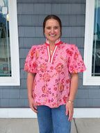Pink Floral Balloon Sleeve Top