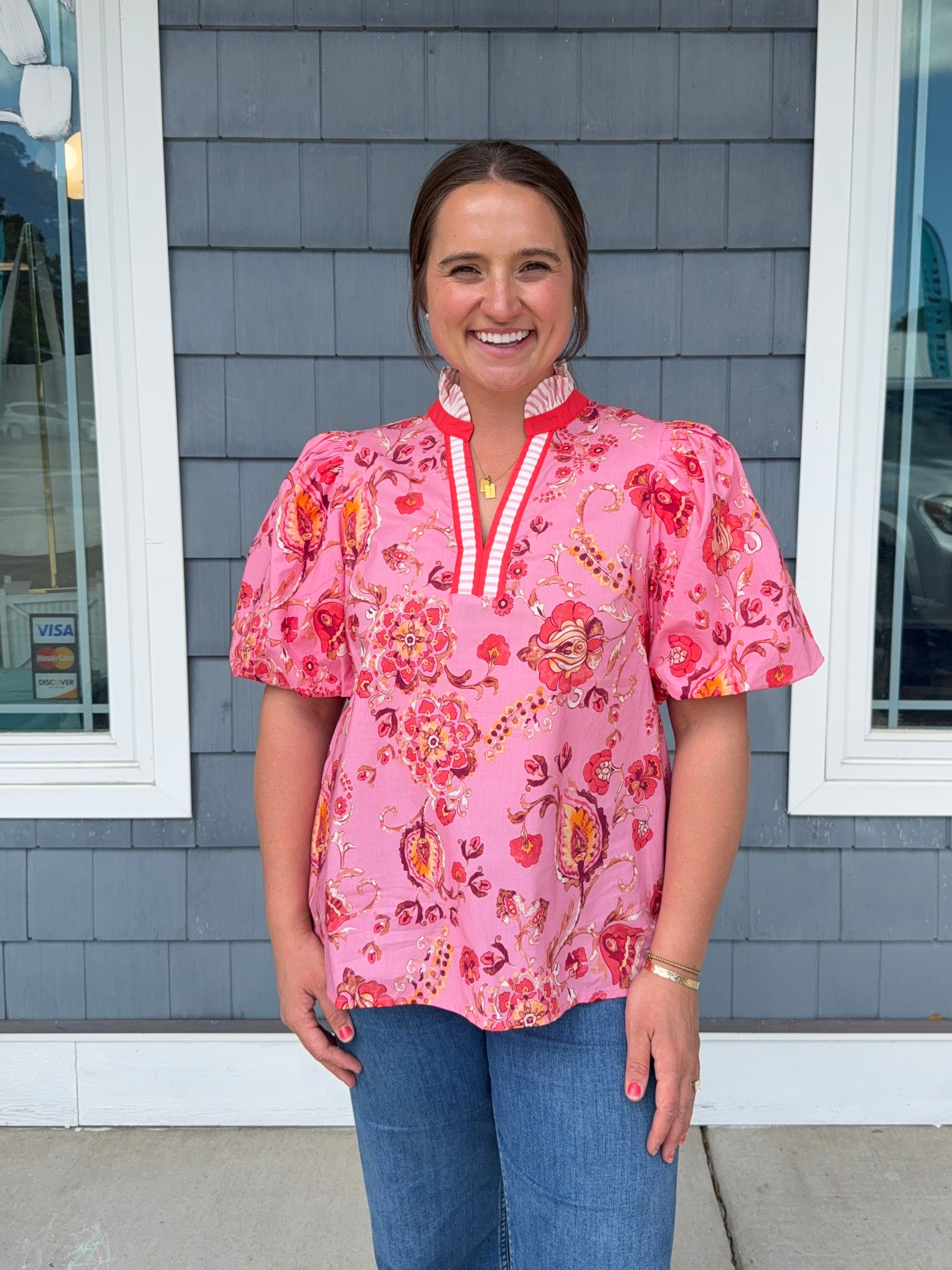 Pink Floral Balloon Sleeve Top