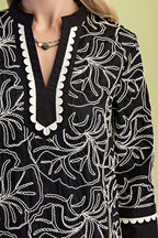 Black Embroidered Notch Neck Dress
